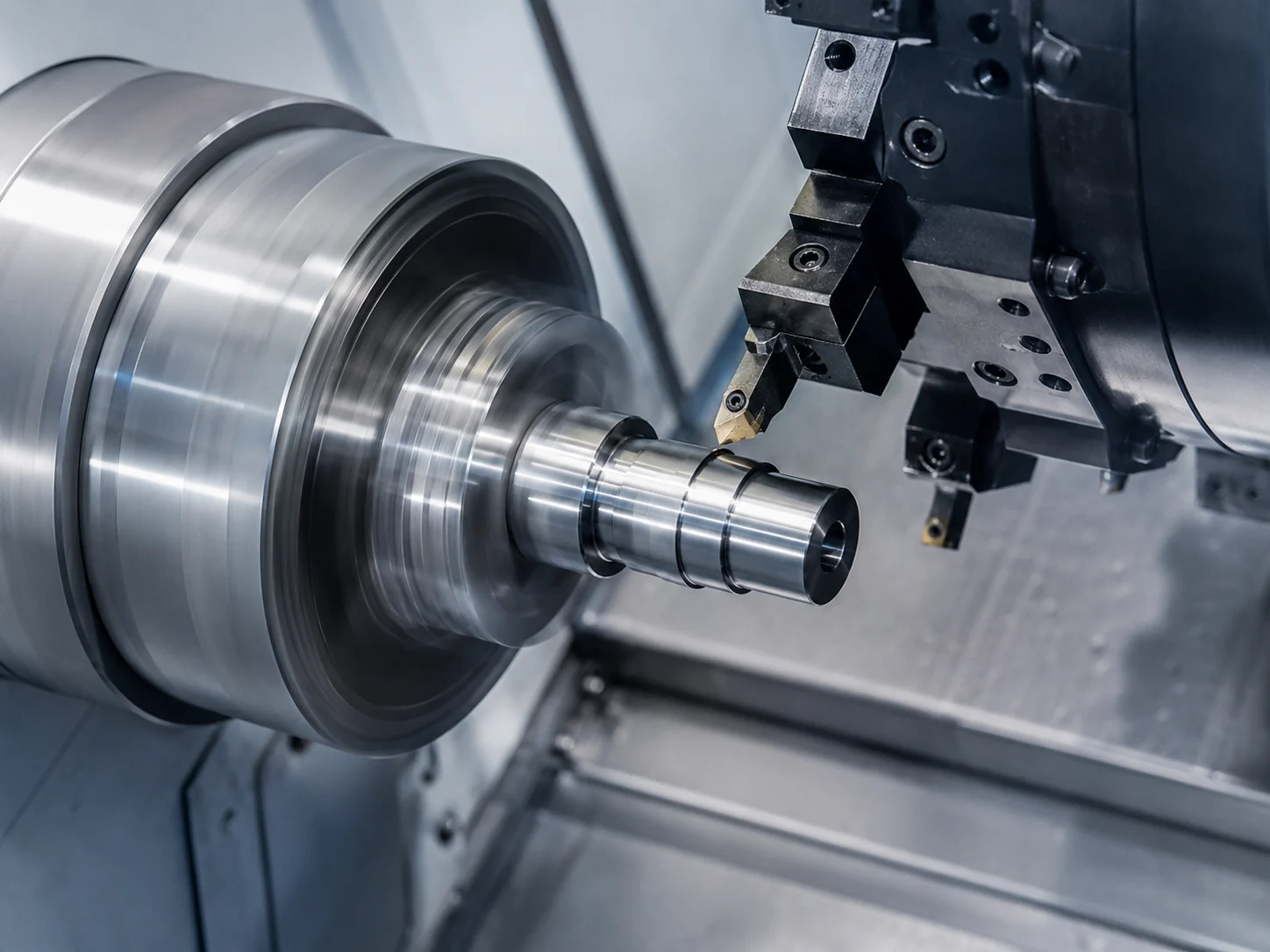 Torno industrial usinando componente metálico